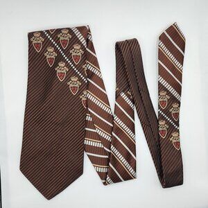 Stripe Necktie Tie Fashion Bar Brown White Crest Polyester 56"L 4.5"W VTG Retro